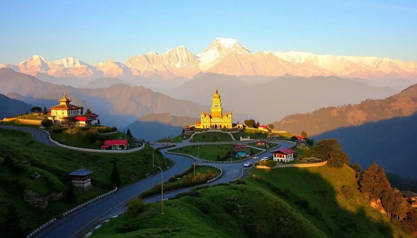 Breathtaking view of Sikkim with snow-capped Himalayan peaks, vibrant prayer flags, and lush green valleys.